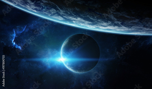 Fototapeta Naklejka Na Ścianę i Meble -  Distant planet system in space with exoplanets 3D rendering elements of this image furnished by NASA