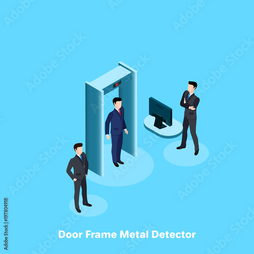 a man in a business suit walks through the metal detector frame, an isometric image