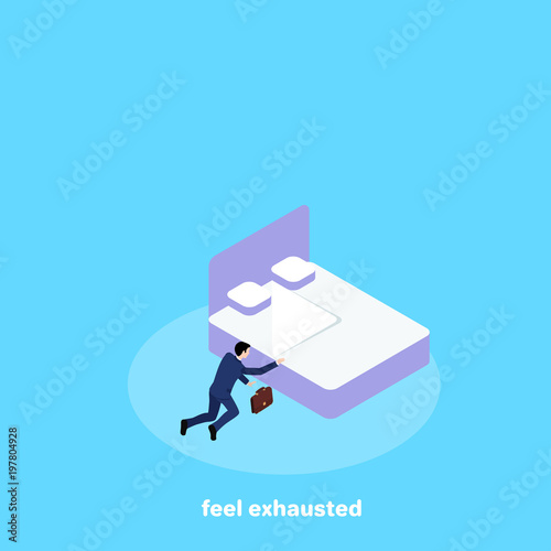 a man in a business suit barely crawled to his bed from fatigue, an isometric image