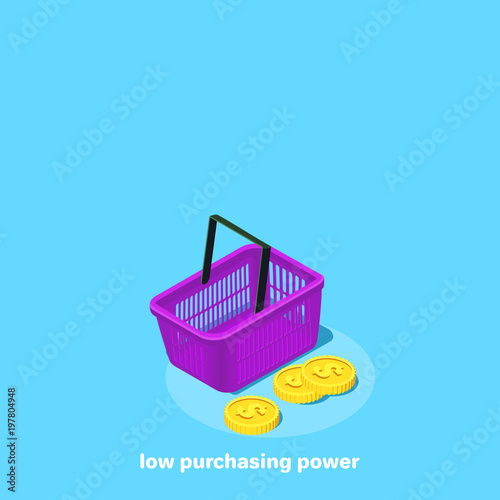 low purchasing power, purple basket and gold coins lying next to a blue background, isometric image