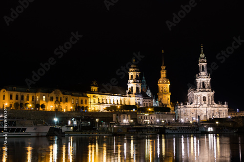 The  Frauenkirche  Church in Dresden at Night with the Elbe river in front