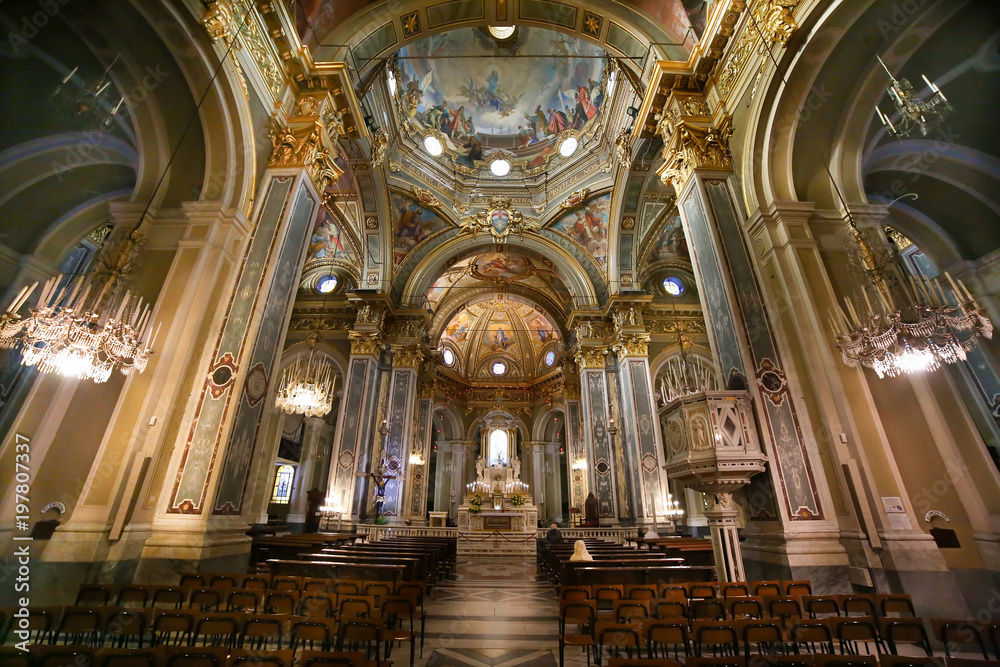 Interior and ceiling of the Sanctuary of Nostra Signora della Guardia church, near Genoa, Italy