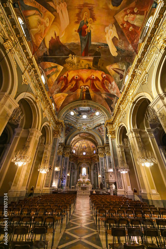 Interior and ceiling of the Sanctuary of Nostra Signora della Guardia church  near Genoa  Italy