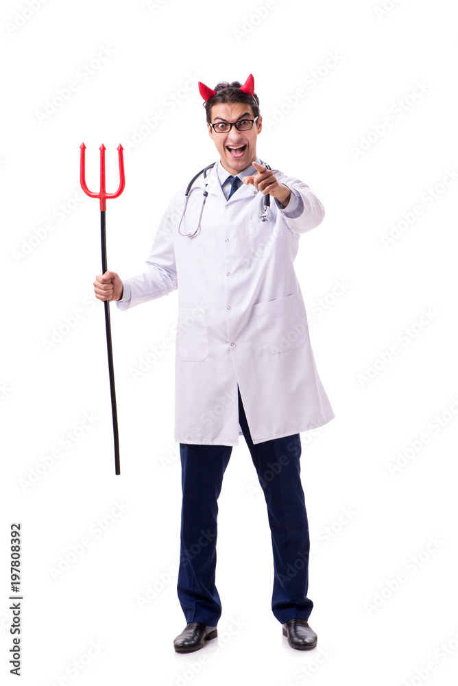 Devil doctor in funny medical concept isolated on white backgrou Devil doctor in funny medical concept isolated on white backgrou