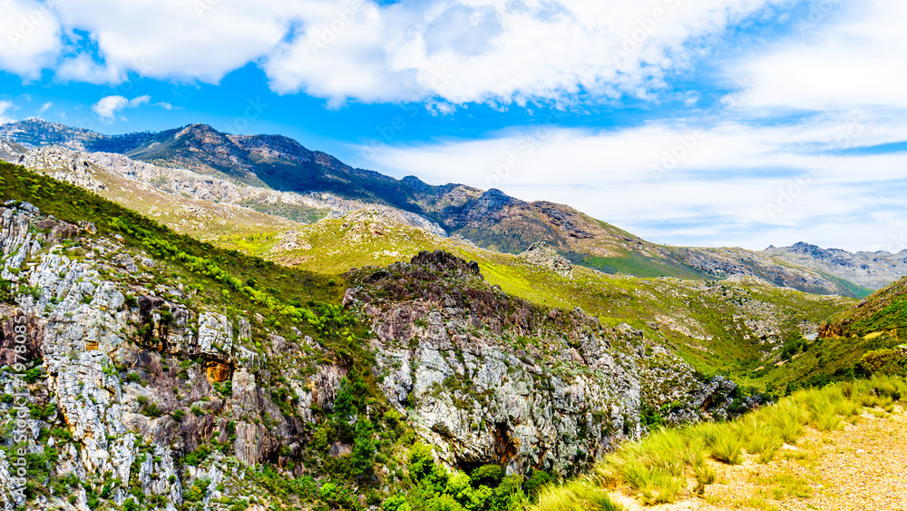 Spectacular View of Detoitsriver Gorge near the highest point of Franschhoek Pass, or Lambrechts Road, which runs between the towns of Franschhoek and Villiersdorp in the Western Cape of South Africa