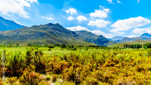 View from the southern end of the Franschhoek Pass, beside the Theewaterkloofdam, looking toward the Wemmershoek and Franschhoek Mountain ranges in the Western Cape province of South Africa © hpbfotos