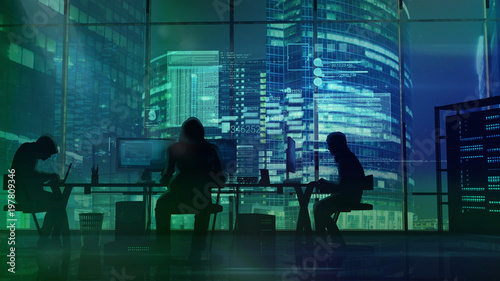 Hackers at work on the background of green office buildings