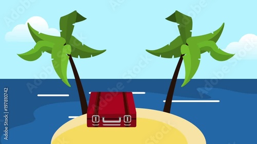 Lugagges and sun hat on island simbolizing summer and travel High Definition colorful scenes photo