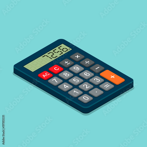 Calculator isometric flat icon. 3d vector colorful illustration isolated on blue background. Top view