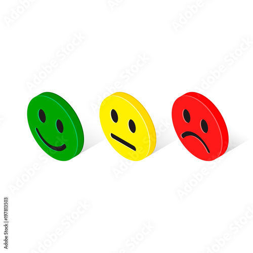 Smile faces rating feedback isometric set, isolated vector illustration. Different expression smiley