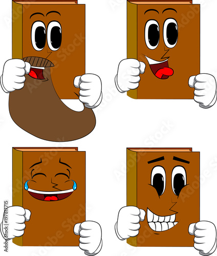 Books holding his fists in front of him ready to fight. Cartoon book collection with happy faces. Expressions vector set.