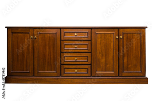 Front showcase cabinet or wardrobe wooden frame door and drawers made from dark wood, background and texture.