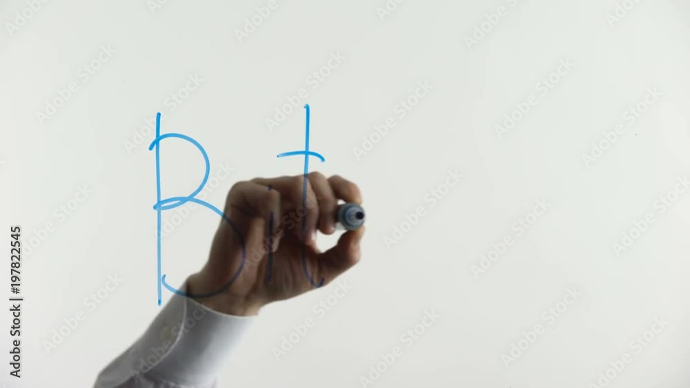 Bitcoin word written on glass, innovative payment network and new kind of money