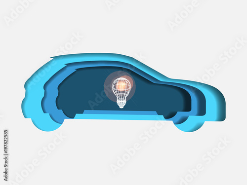 Curvilinear form of car containing wireframe lightbulb. Volumetric multilevel cut from a paper of car. Business concept of eco car and environmental saving. Creative idea. Technology background.