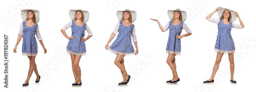 Smiling woman in plaid simple dress and hat isolated on the whit
