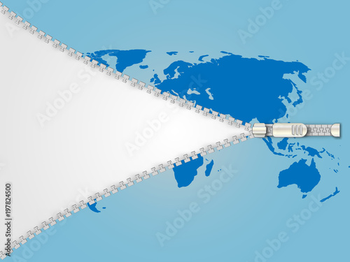 World map zipper opening the white background. Vector zipper design template. Jigsaw zip background. Business concept. Vector illustration. Technology background.