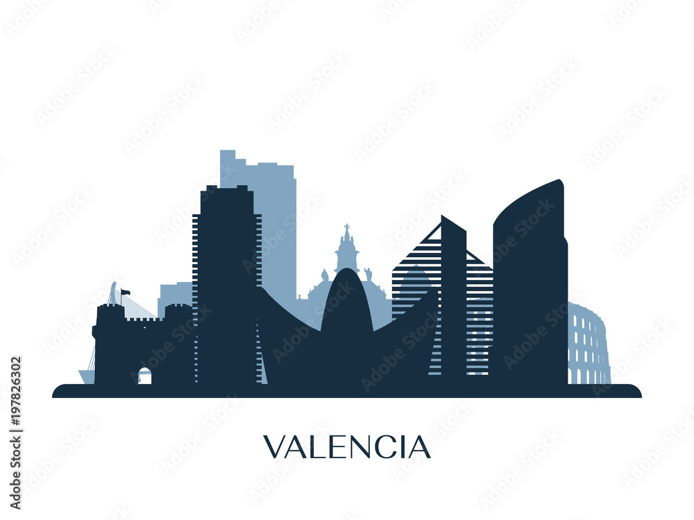Naklejka premium Valencia skyline, monochrome silhouette. Vector illustration.