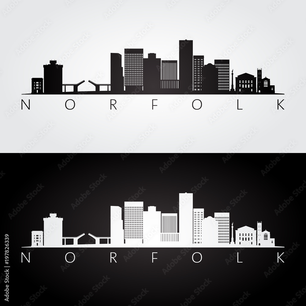 Norfolk USA skyline and landmarks silhouette, black and white design, vector illustration.