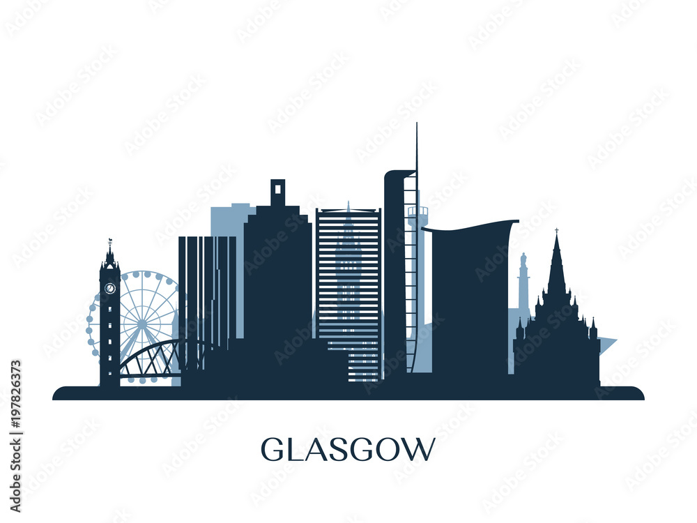 Glasgow skyline, monochrome silhouette. Vector illustration.