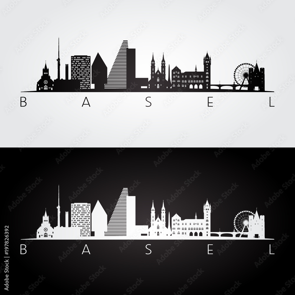 Basel skyline and landmarks silhouette, black and white design, vector illustration.