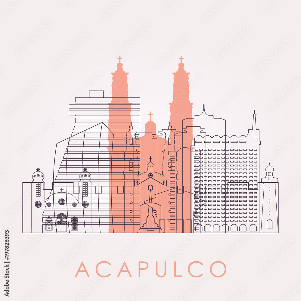 Outline Acapulco skyline with landmarks. Vector illustration. Business travel and tourism concept with historic buildings. Image for presentation, banner, placard and web site.