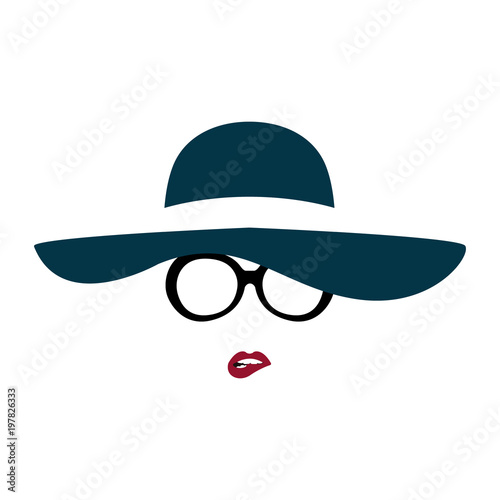 Portrait of lady in graceful hat and glasses bites her lip. Vector illustration.