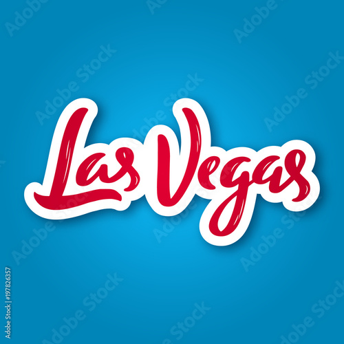 Las Vegas - hand drawn lettering phrase. Sticker with lettering in paper cut style. Vector illustration.