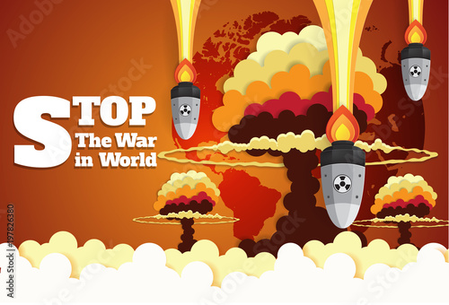 Nuclear war - atom bombs falling on Earth,paper art style