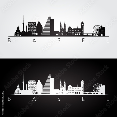 Basel skyline and landmarks silhouette, black and white design, vector illustration.