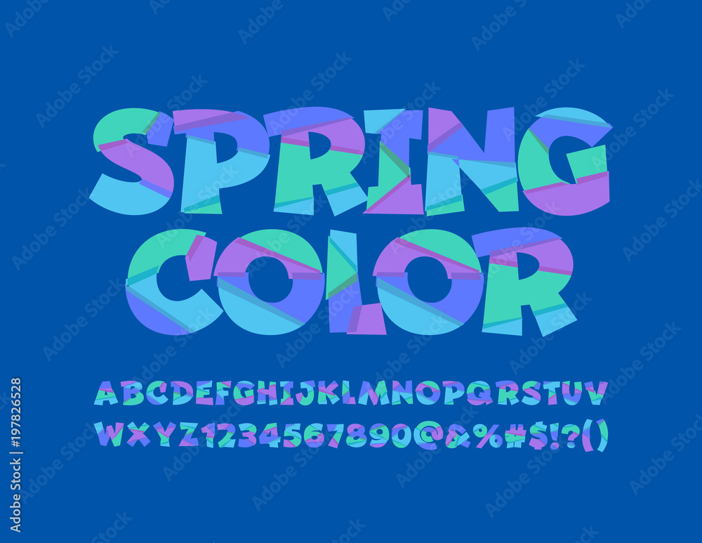 Vector Spring Color funny Font. Alphabet for Children. Mosaic Letters, Numbers and Symbols