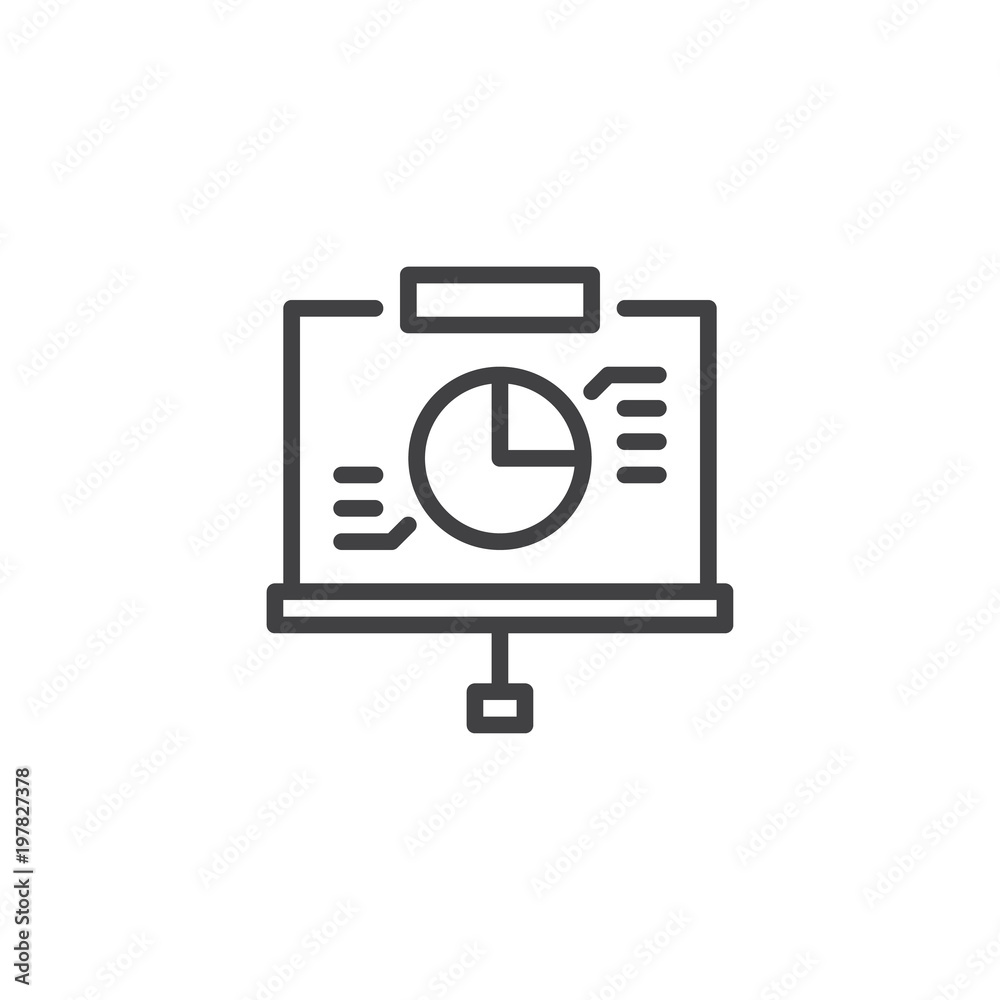 Projector screen with pie chart outline icon. linear style sign for mobile concept and web design. Business Presentation simple line vector icon. Symbol, logo illustration. Projector screen with pie chart outline icon. linear style sign for mobile concept and web design. Business Presentation simple line vector icon. Symbol, logo illustration.