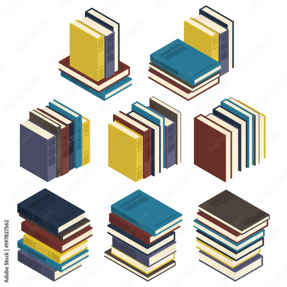 Obraz premium 8 sets of isometric books isolated on a white background.