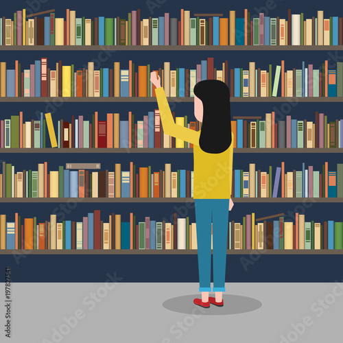 The girl reaches for the book in the background of the bookshelves.