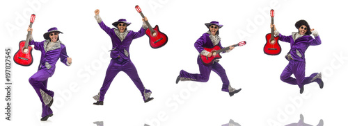 Man in funny clothing holding guitar isolated on white © Elnur