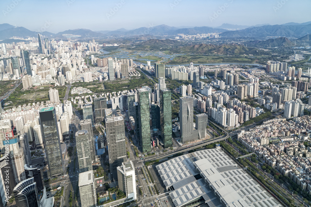 A bird's eye view of the urban architectural landscape in Shenzhen