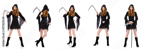 Young witch with scythe isolated on white