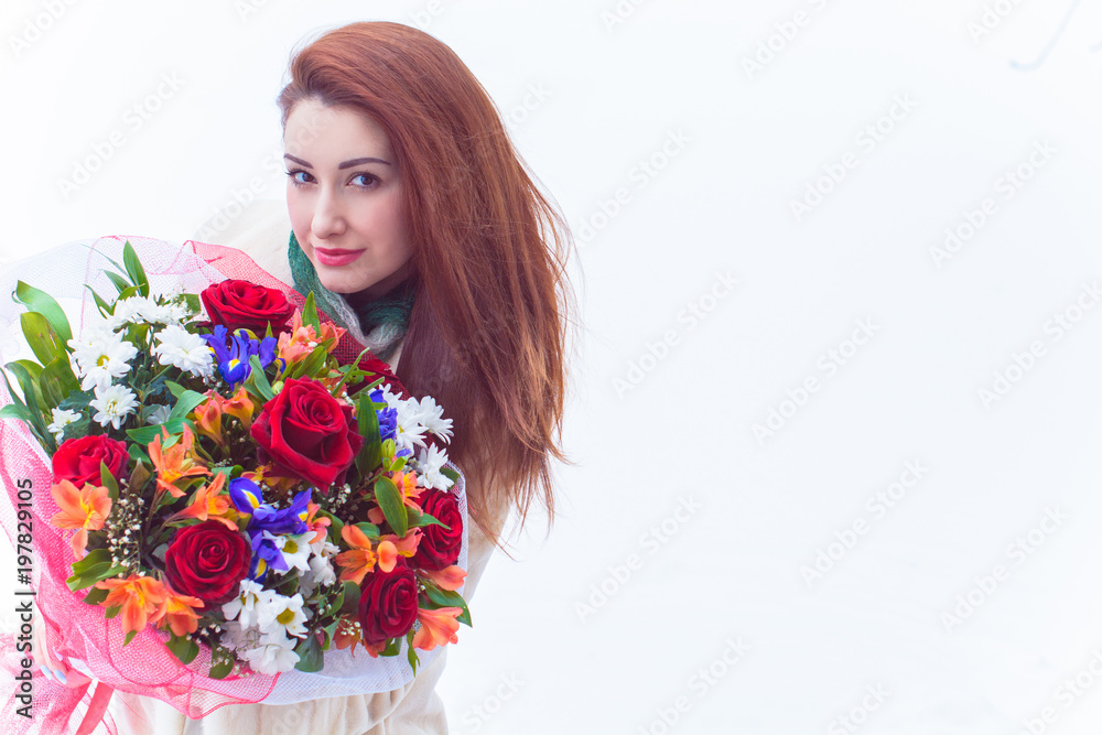 Sweet woman with bouquet of roses at pretty atmosphere. Concept of femininity and coziness. Romantic woman dream about date and lover Sweet woman with bouquet of roses at pretty atmosphere. Concept of femininity and coziness. Romantic woman dream about date and lover