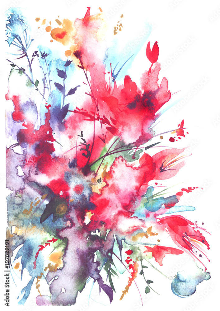 Obraz Akwarela bukiet kwiaty, Piękny abstrakcjonistyczny pluśnięcie farba, mody ilustracja. Kwiaty orchidei, maku, chaber, czerwony mieczyk, piwonia, róża, pole lub ogród kwiaty. Na białym tle.