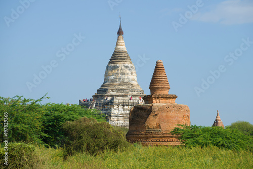View of the ancient Buddhist stupa of Shwe San Daw on a sunny day. Bagan, Myanmar