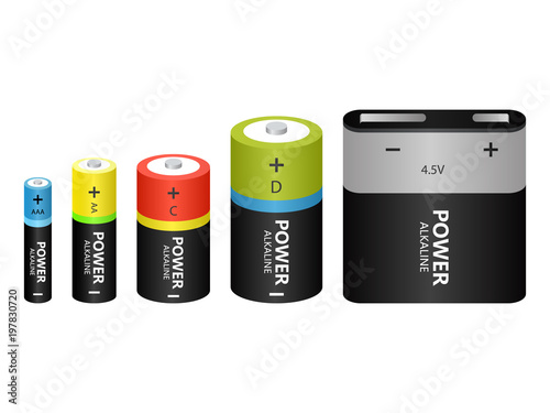 Battery Alkaline different models Icons Vector Alkaline Batteries Of Diffrent size Isometric Set