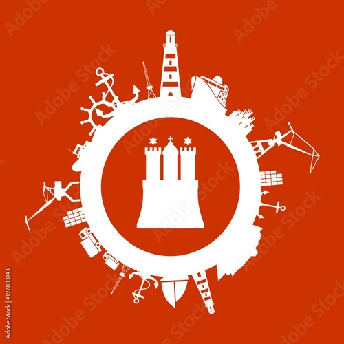 Template with sea shipping and travel relative silhouettes. Hamburg city name text and element from coat of arms