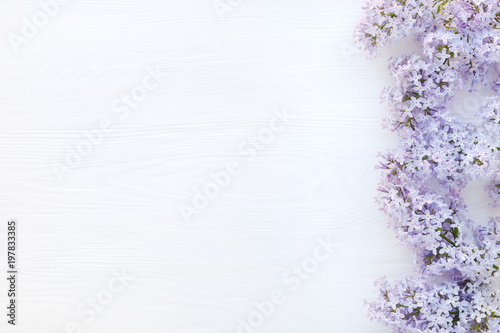 Lilac branch on a white wooden surface. Spring background.