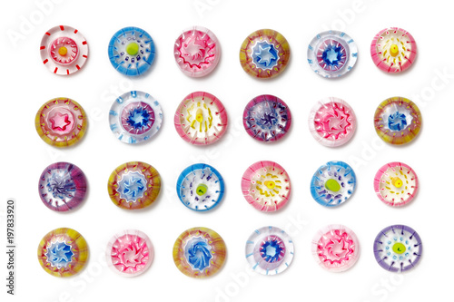 Collection of colorful glass beads. Colored Venetian, Murano glass, millefiori.