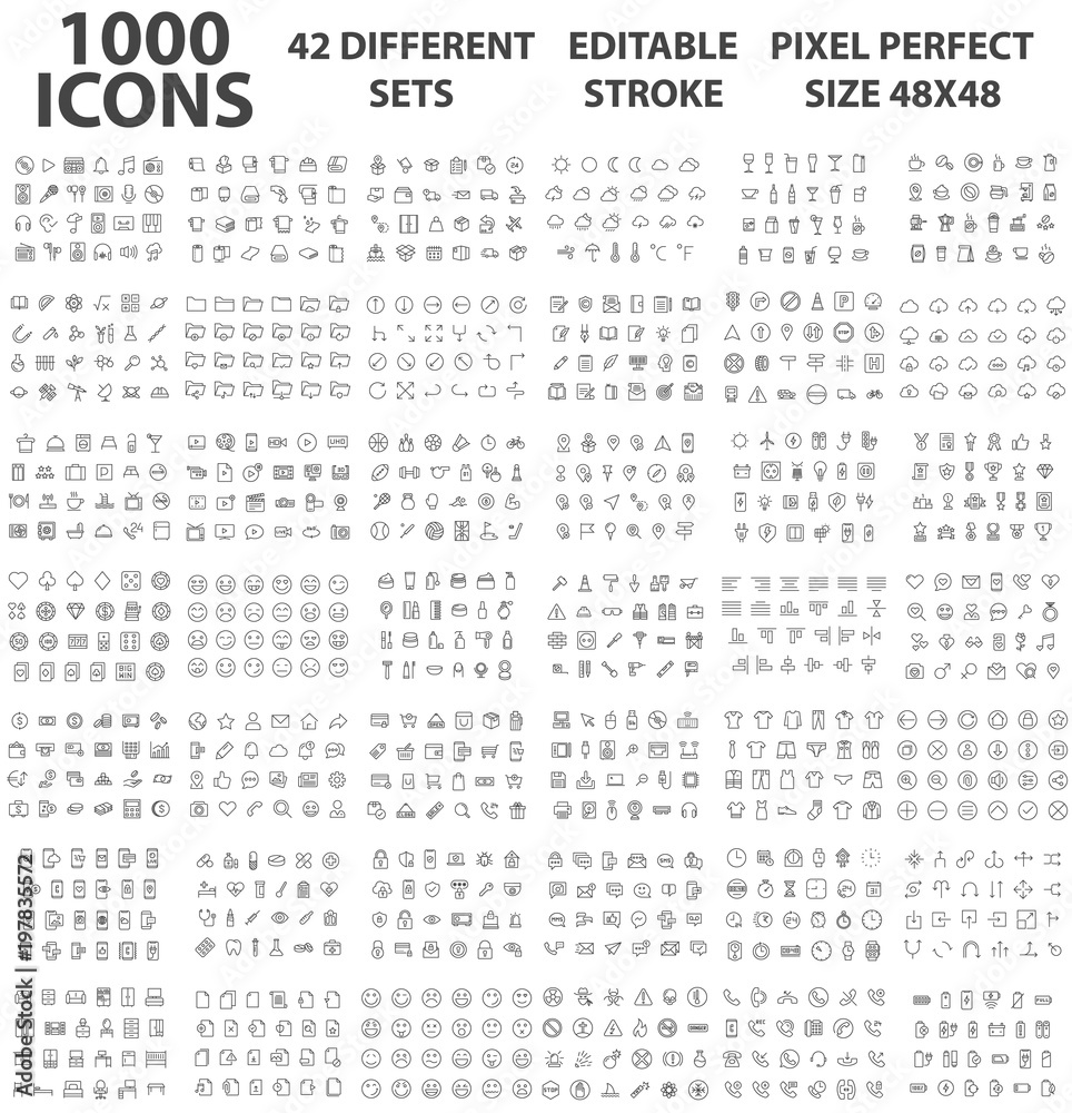 Set 1000 ICONS Different theme Editable Stroke 48x48 Pixel Perfect Big SET Premium Vector