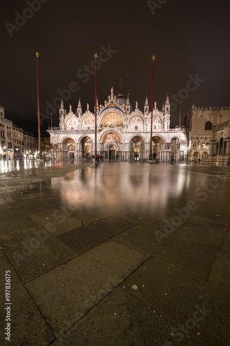 Basilica in San Marco square in Venice during aqua alta