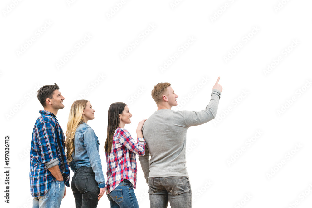 The four happy people stand and gesture on the white background The four happy people stand and gesture on the white background