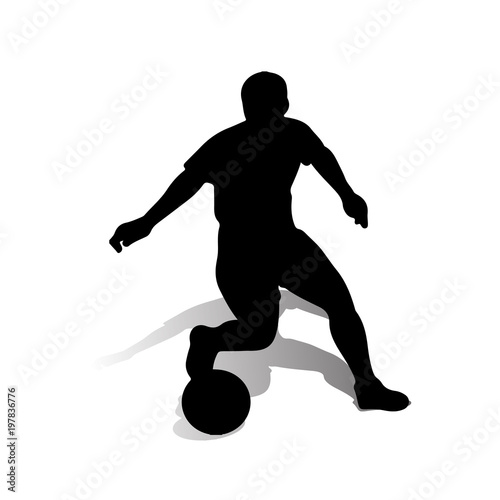Silhouette of soccer player with the ball in motion, on white background,