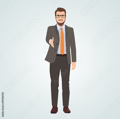 male businessman, manager, director, isolated vector illustration for office, business, holding, man greets and hands out