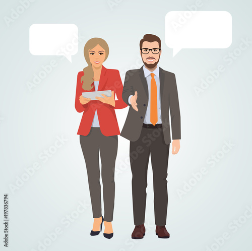 malpeople man and woman businessmen in business suits, manager, presenter, head, de businessman, manager, director, isolated vector illustration for office, business, holding, man greets and hands out