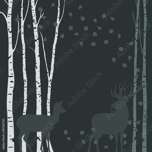 Deer in the woods. Birch trees, falling leaves and deer. Vector illustration for your design.